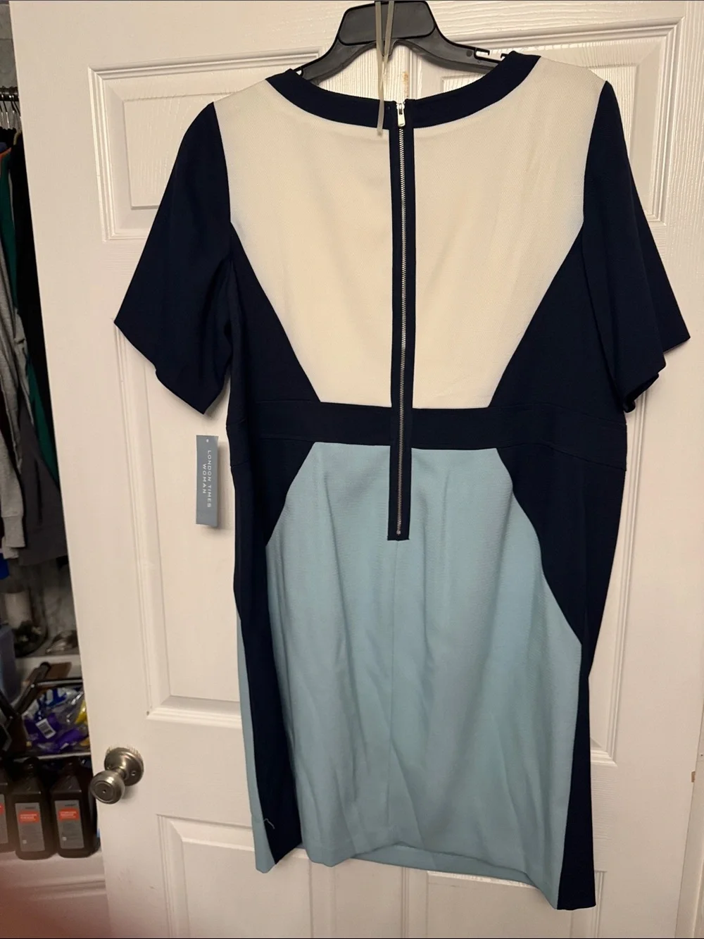 London Times Navy, White & Light Blue Colorblock Midi Dress